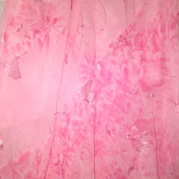 Pink Asymmetric Hem Lined Spagetti Straps Evening Dress Embroidered Fans Sz S - Picture 6 of 7